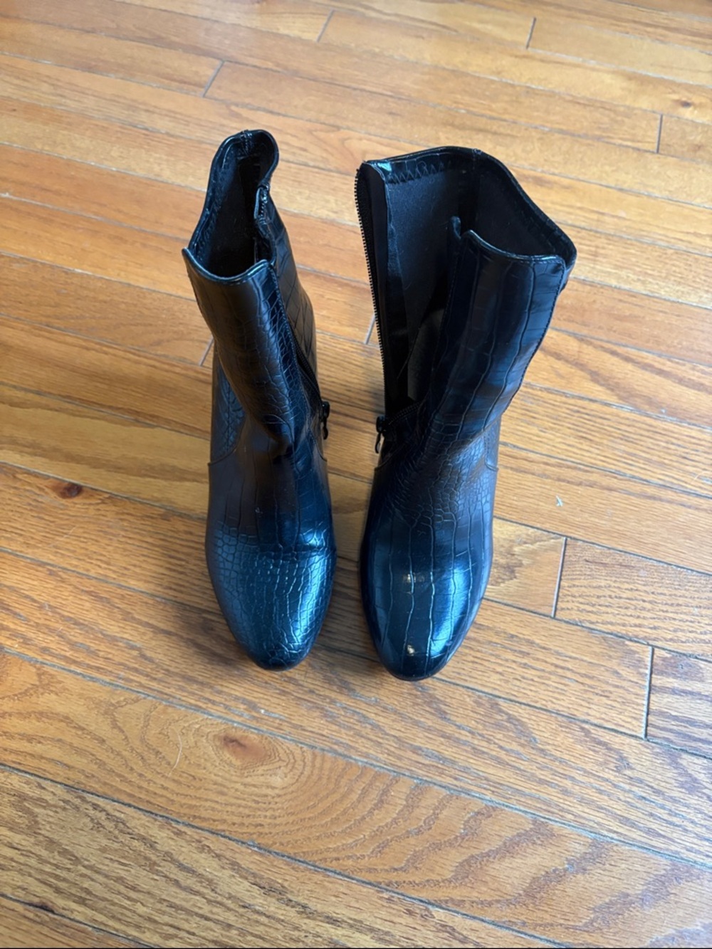 Black glossy croc embossed leather boot 3 inch heel minimal wear